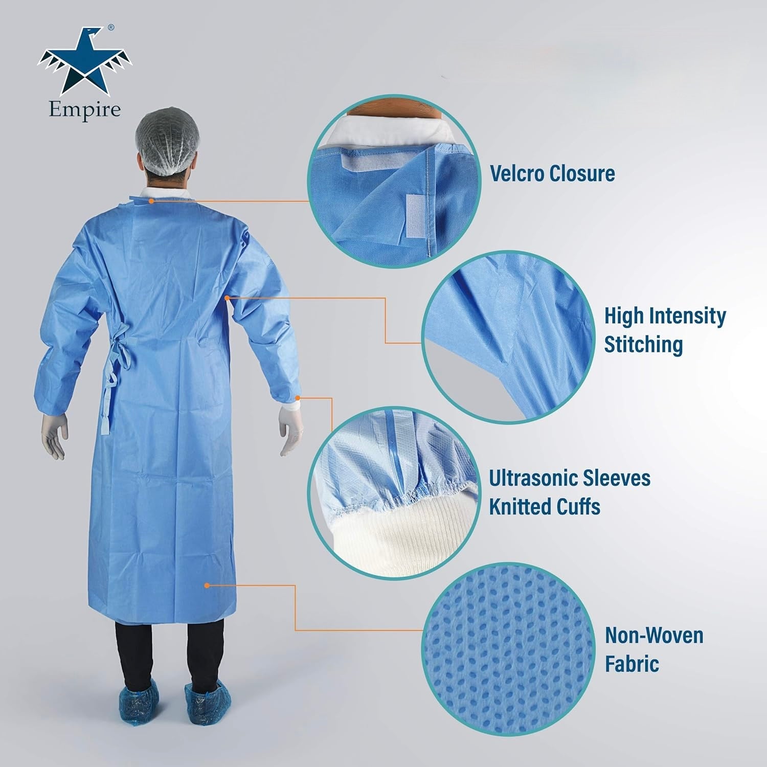 Sterile High Performance Surgical Gown Reinforced Double Wrapped with 2 x hand towels 30 x 40 cm Body 41gsm SMMS laminated with 30gsm PP + PE Reinforcement hook-and-loop Fastening Adjustable Neckline Size Large EN13795