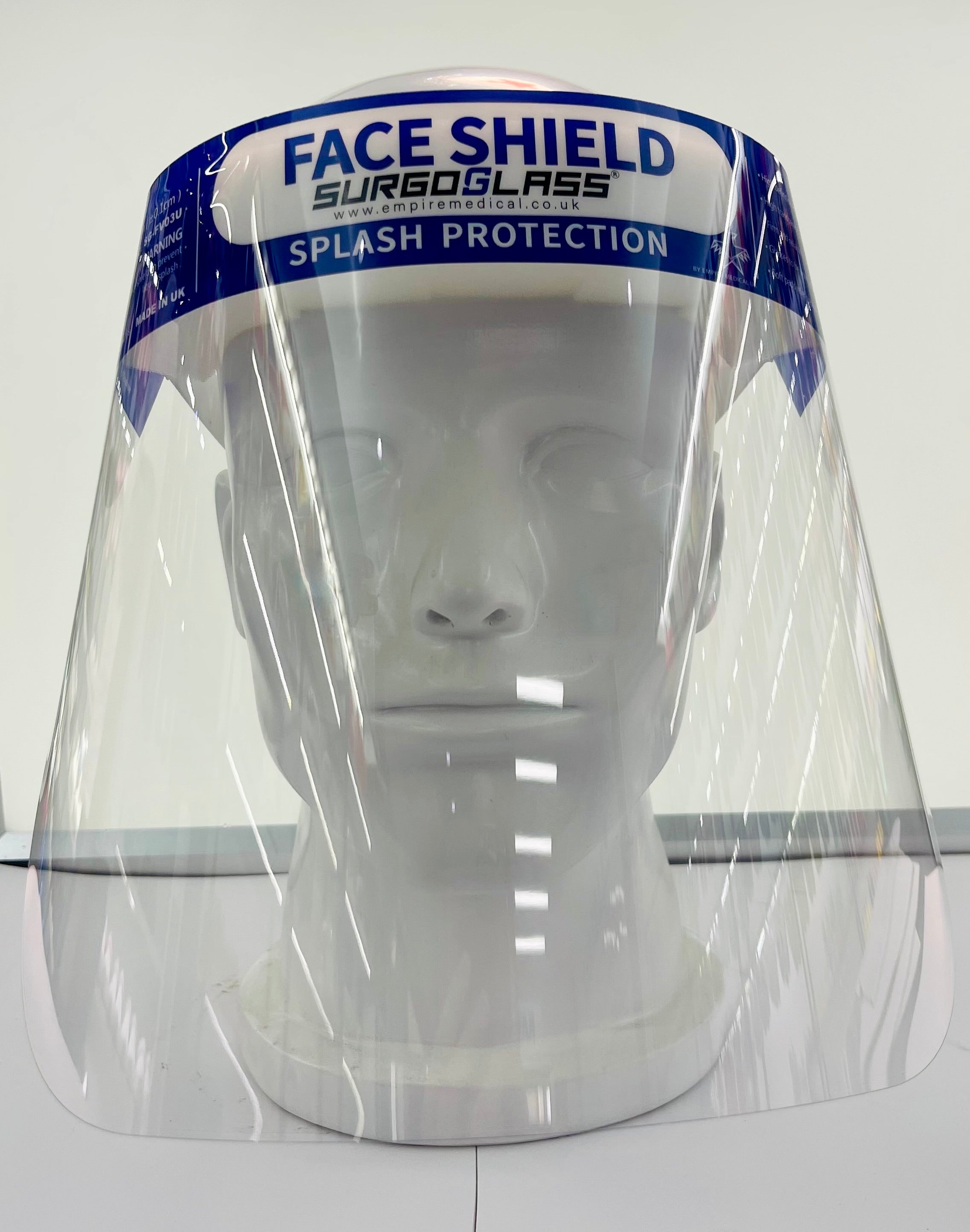 Box 200 EN166 PET Full Face Cover Face Shield Visor Anti Fog with Elastic Adjustable Band Direct Splash Protection Premium Glass Double sided protective films individually wrapped Universal Size LATEX FREE UKCA Marked