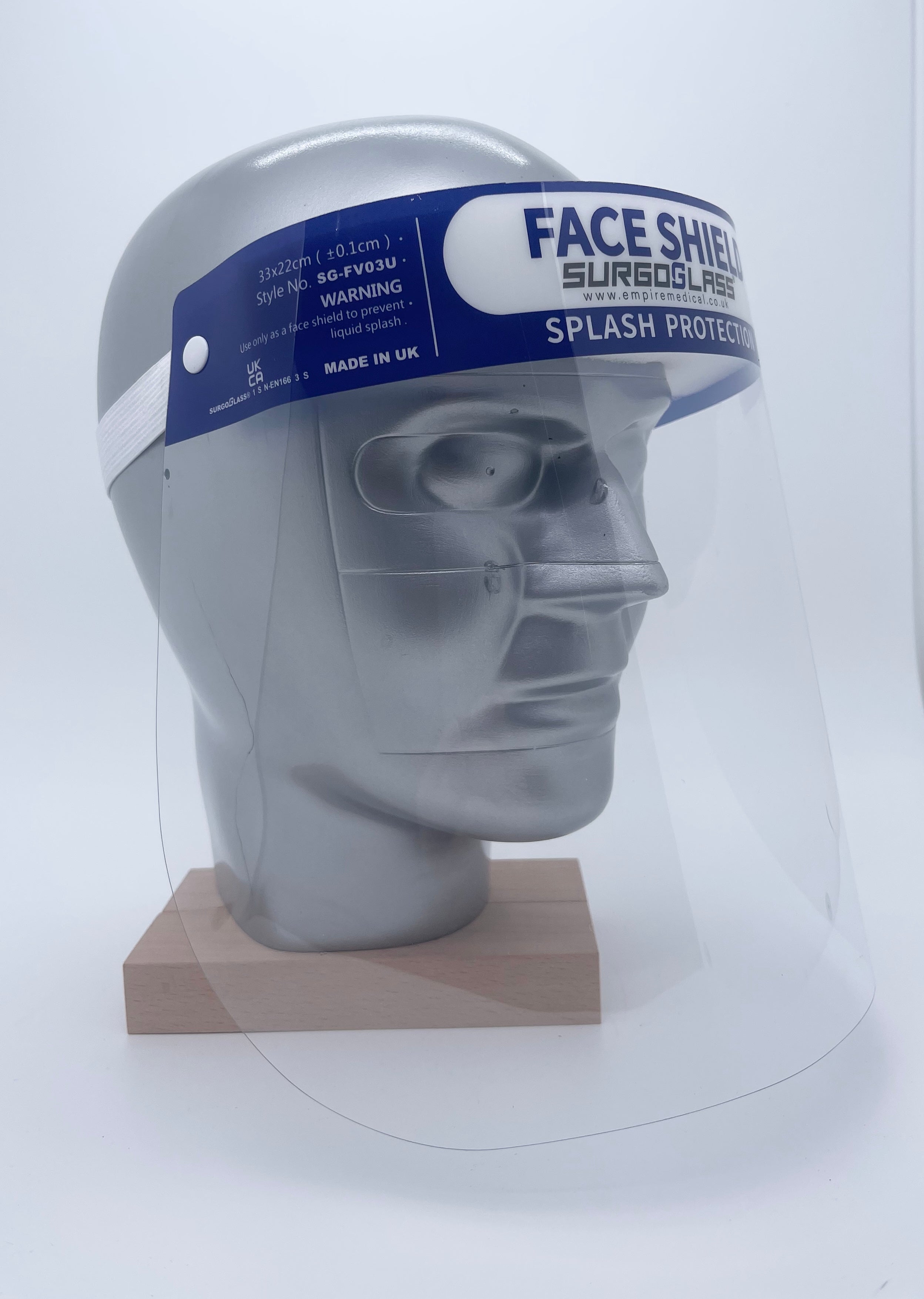 Box 200 EN166 PET Full Face Cover Face Shield Visor Anti Fog with Elastic Adjustable Band Direct Splash Protection Premium Glass Double sided protective films individually wrapped Universal Size LATEX FREE UKCA Marked