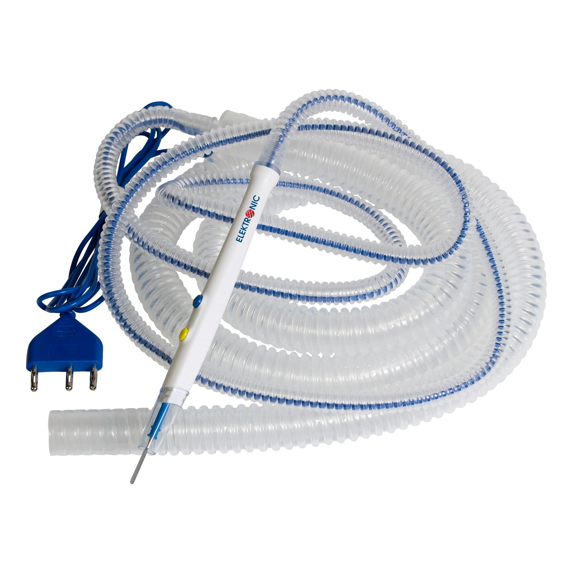 Diathermy Smoke evacuation Pencil disposable Electrosurgical Interchangeable Cut-Coag Handcontrol Evacuator System with 3 meter (10ft) Pre-Attached Tubing Cable 3M Hose with Swivel Holster 3 Pin Plug Non-Coated Blade Electrode STERILE Single Use