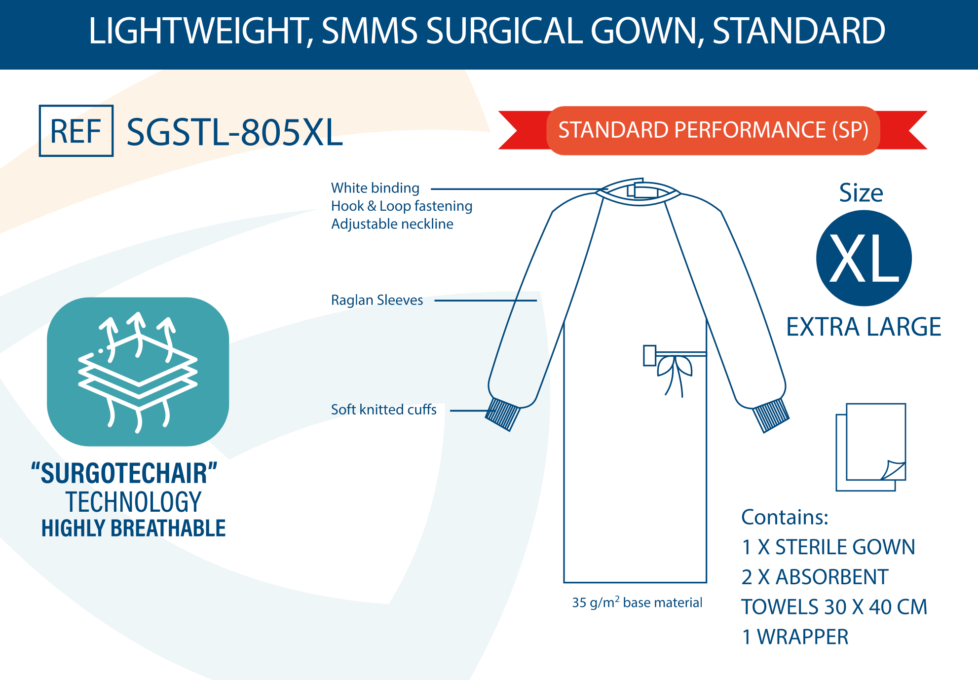 Case 40 Sterile Standard Surgical Gown Lite Lightweight SMMS 35 Gsm Double Wrapped with 2 x hand towels 30 X 40cm hook-and-loop Fastening Adjustable Neckline Velcro, white Binding Soft Knitted Cuffs Antistatic Size Extra Large XL EN13795 Disposable