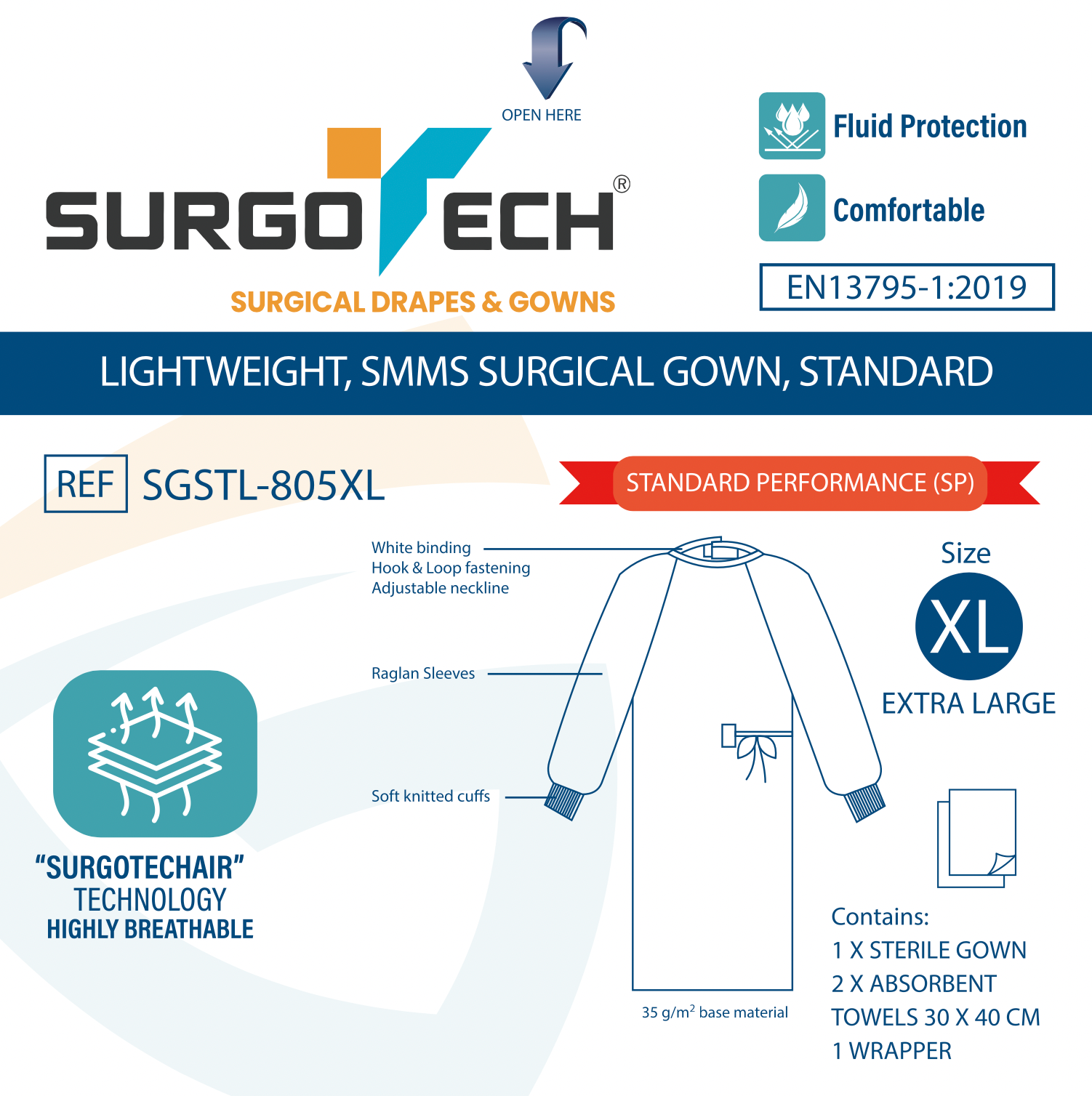 Case 40 Sterile Standard Surgical Gown Lite Lightweight SMMS 35 Gsm Double Wrapped with 2 x hand towels 30 X 40cm hook-and-loop Fastening Adjustable Neckline Velcro, white Binding Soft Knitted Cuffs Antistatic Size Extra Large XL EN13795 Disposable