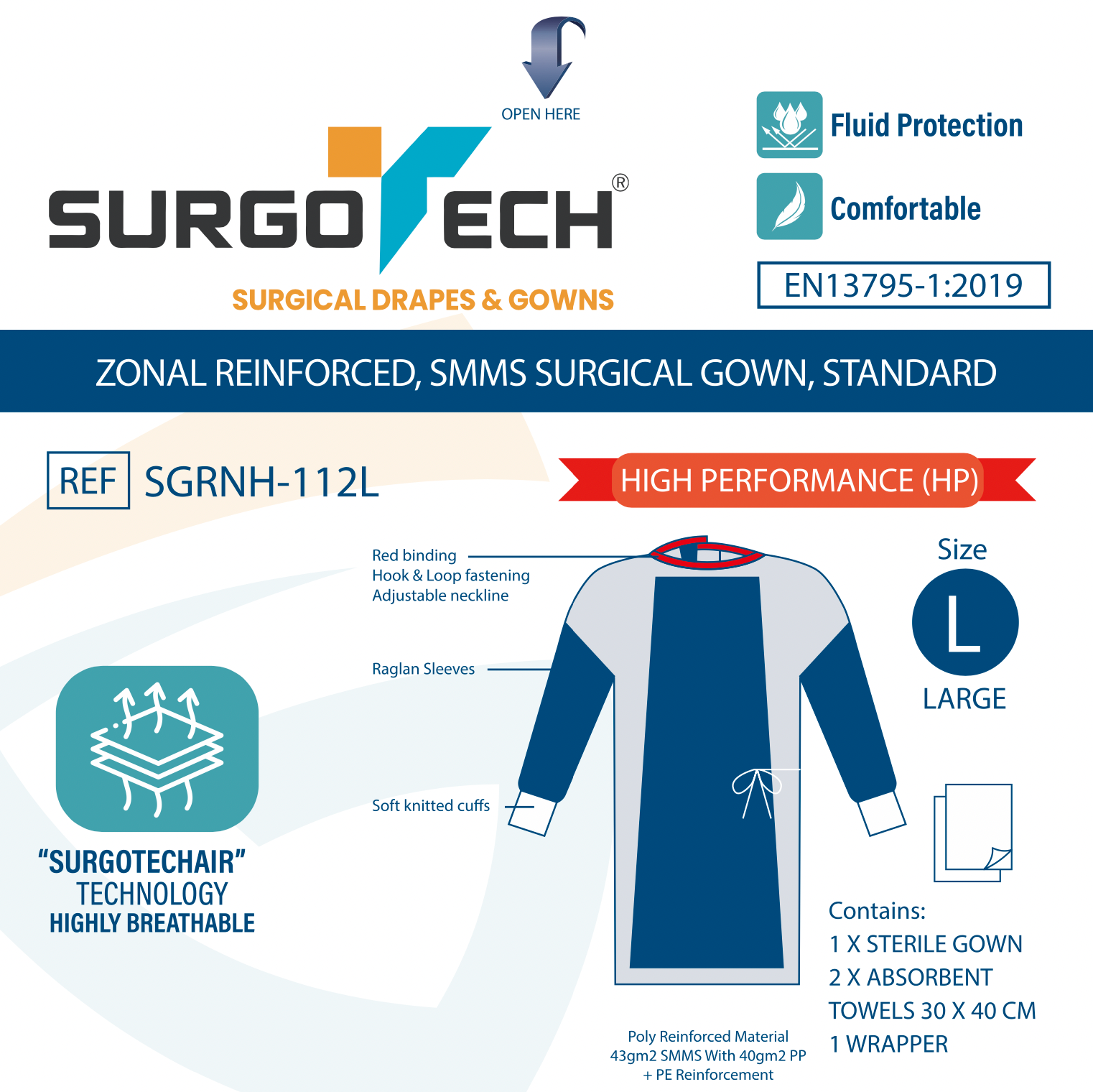 Case 40 Zonal Reinforced Sterile Surgical Gown Double Wrapped with 2 Hand Towels 30 x 40 cm 43gsm SMMS BODY with 40g PP & PE Reinforcement Fluid Alcohol Water Repellent hook and loop fastening Adjustable neckline Raglan Sleeves Size Large EN13795