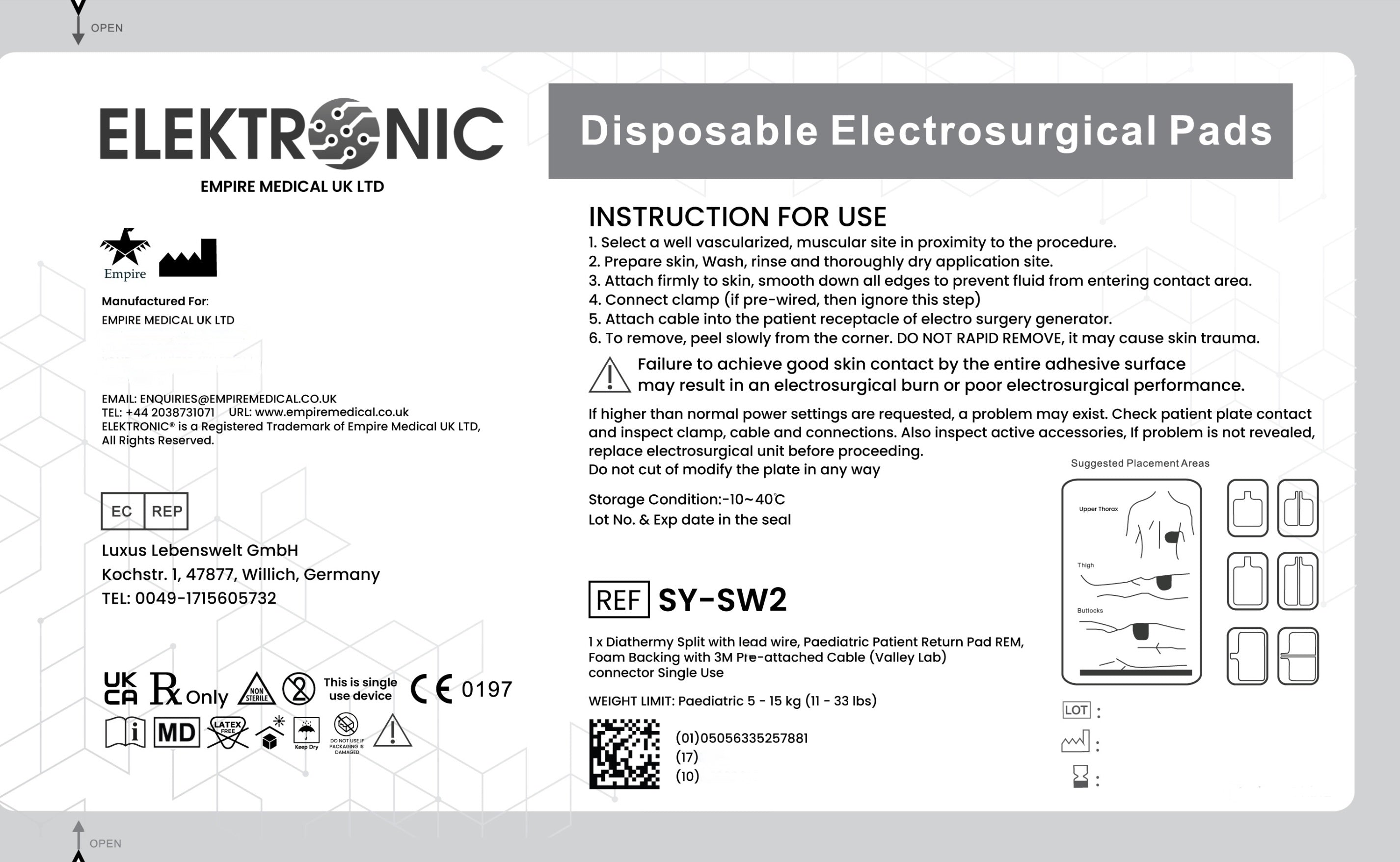 Paediatric Diathermy plate split with leadwire Patient Return Pad REM grounding pad Electrode Foam Backing 3M Pre-attached Cable (Valley Lab) connector Single Use Individually Sealed Packed