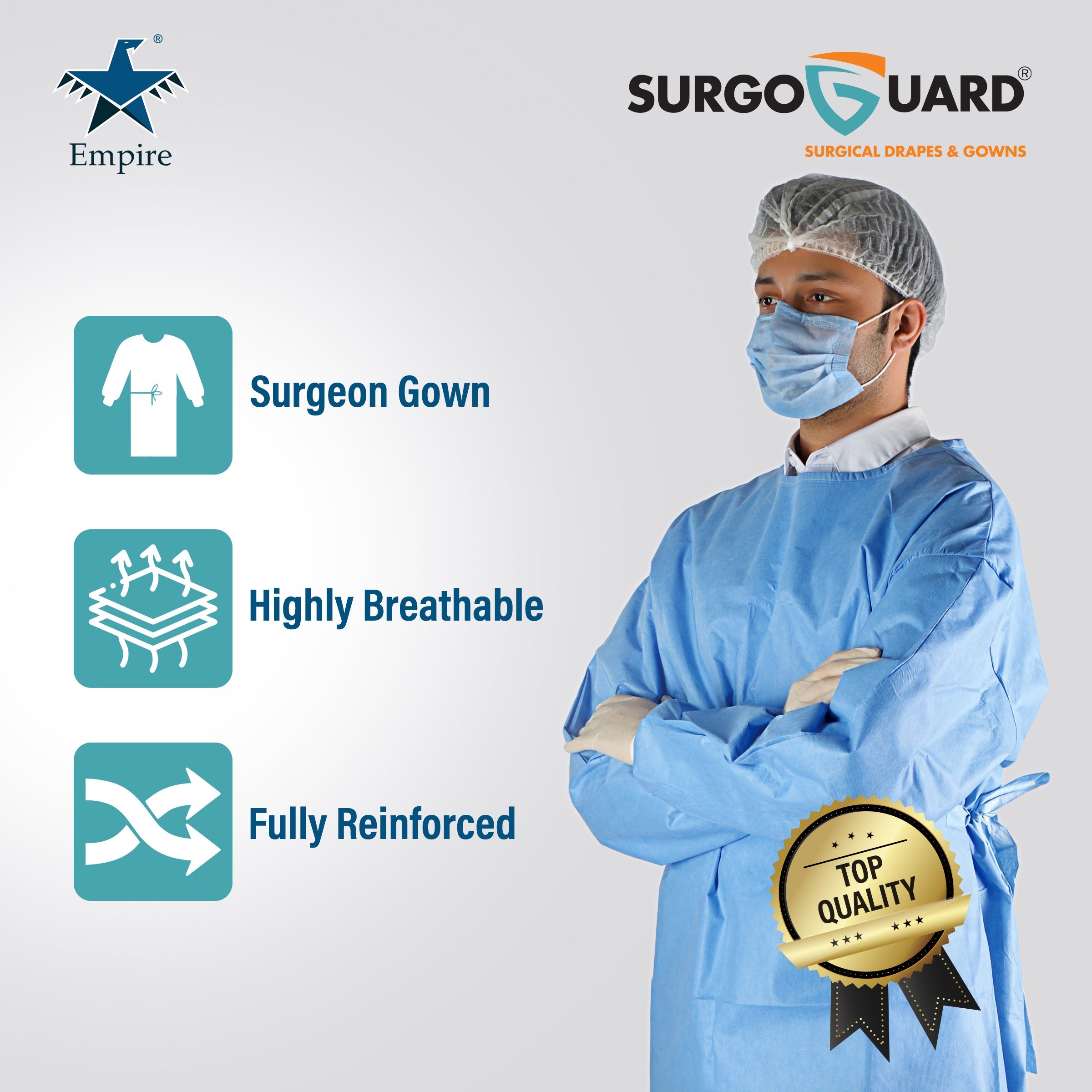 Case 40 SurgoGuard AAMI Level 4 STERILE Disposable Reinforced Impervious Surgical/Surgeon Gown 43g SMMS+30g PE Fabric, Isolation Gown Long Sleeves, Knitted Cuffs, Spunlace Waist Ties (Extra Large) XL - EmpireMedical 