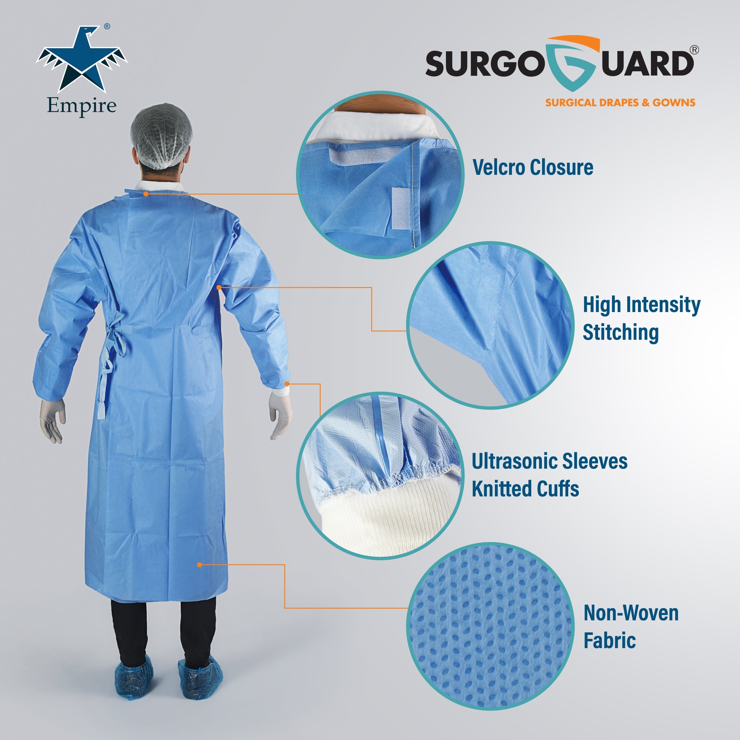 Case 40 SurgoGuard AAMI Level 4 STERILE Disposable Reinforced Impervious Surgical/Surgeon Gown 43g SMMS+30g PE Fabric, Isolation Gown Long Sleeves, Knitted Cuffs, Spunlace Waist Ties (Extra Large) XL - EmpireMedical 