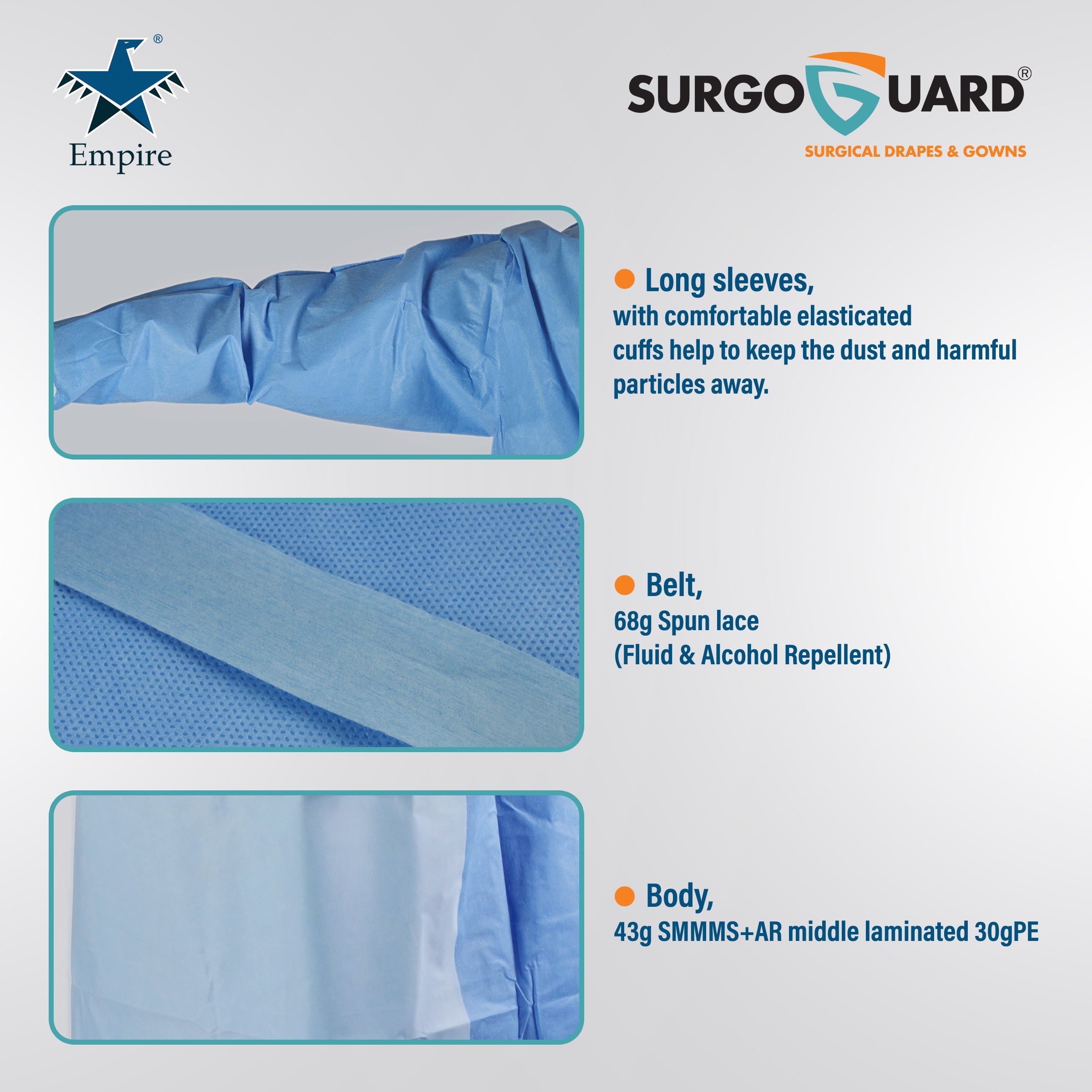 Case 40 SurgoGuard AAMI Level 4 STERILE Disposable Reinforced Impervious Surgical/Surgeon Gown 43g SMMS+30g PE Fabric, Isolation Gown Long Sleeves, Knitted Cuffs, Spunlace Waist Ties (Extra Large) XL - EmpireMedical 
