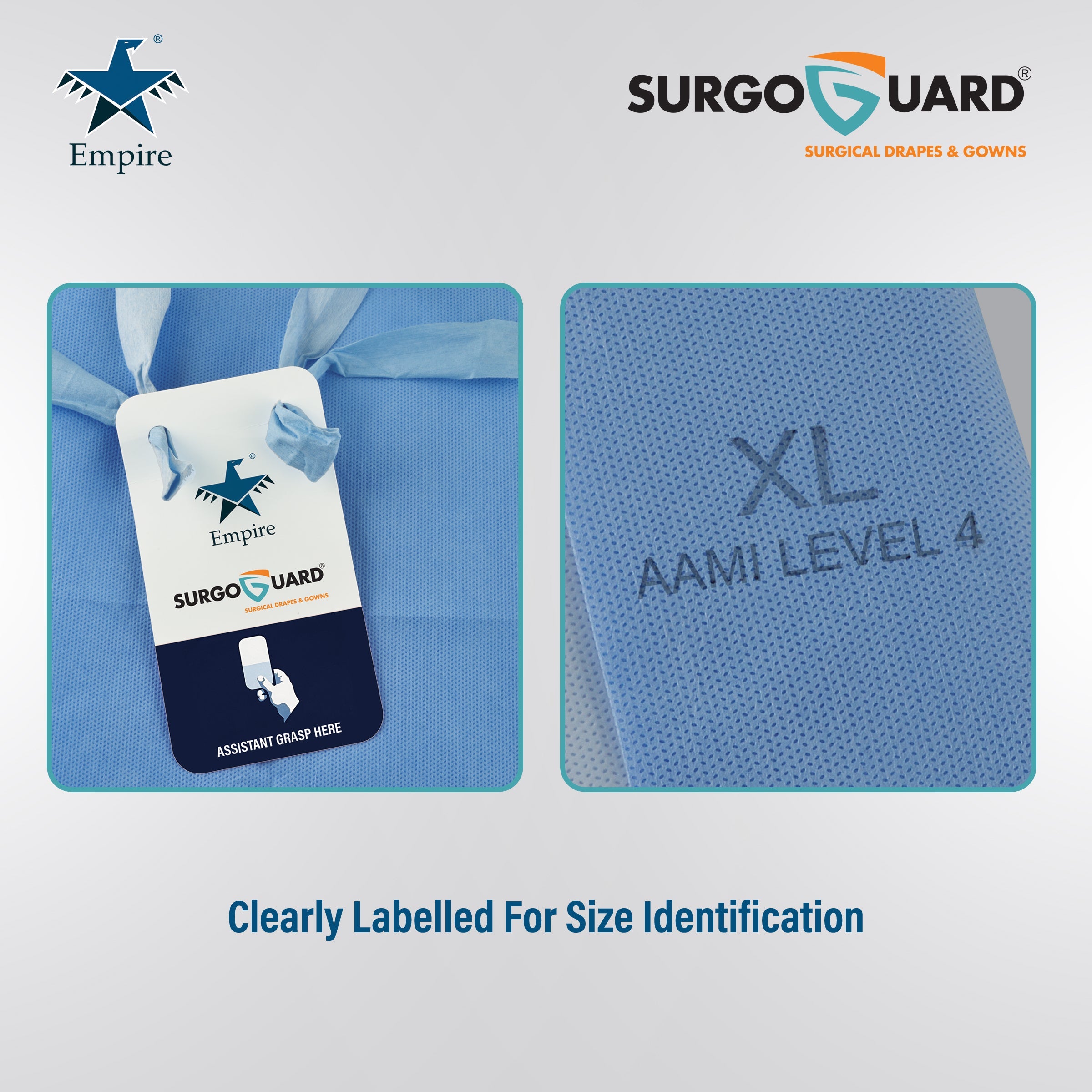 Case 40 SurgoGuard AAMI Level 4 STERILE Disposable Reinforced Impervious Surgical/Surgeon Gown 43g SMMS+30g PE Fabric, Isolation Gown Long Sleeves, Knitted Cuffs, Spunlace Waist Ties (Extra Large) XL - EmpireMedical 